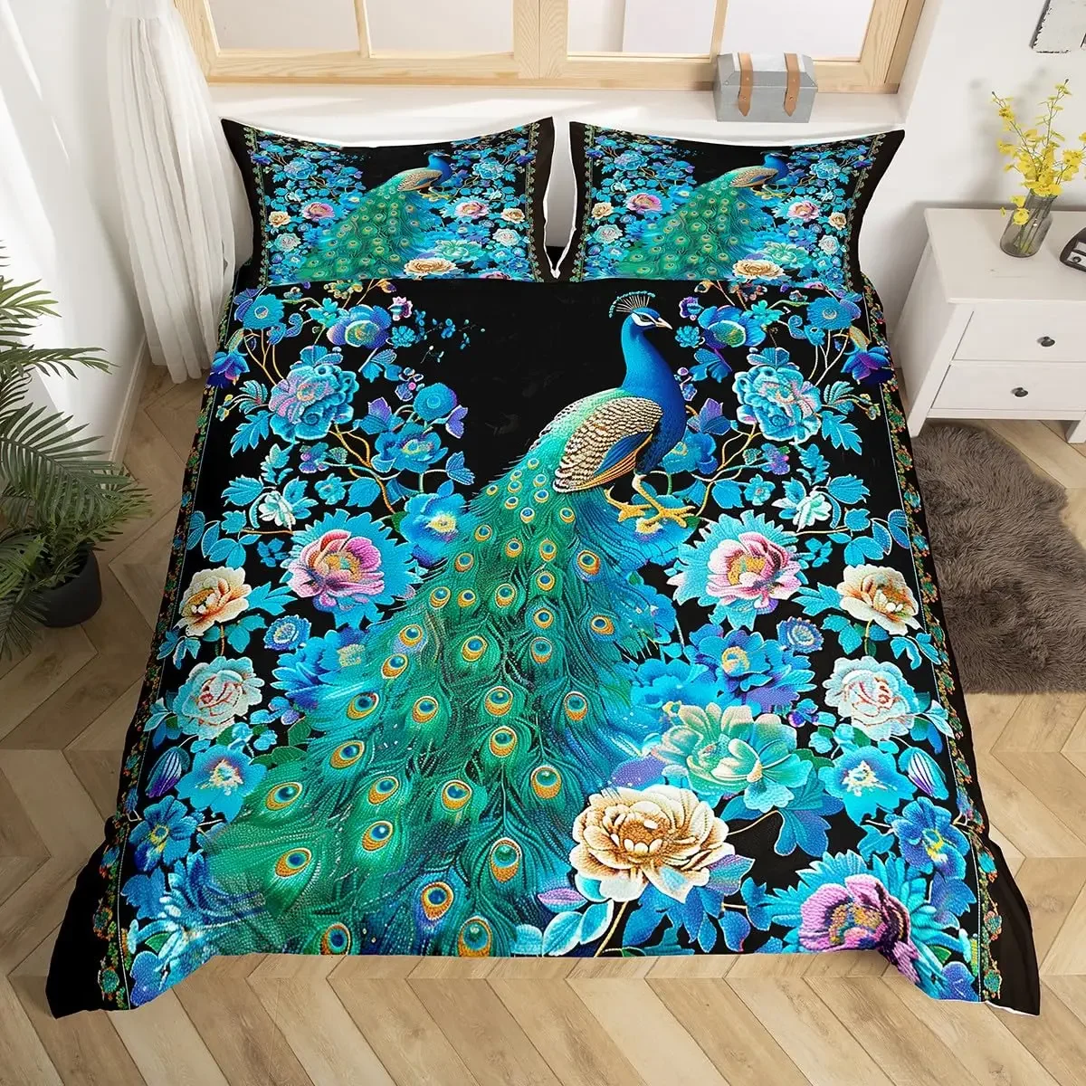 Peacock Duvet Cover Twin Full Queen King Chinese Style Peach Blossom Flowers Retro Bedding Set Wild Animal Print Comforter Cover