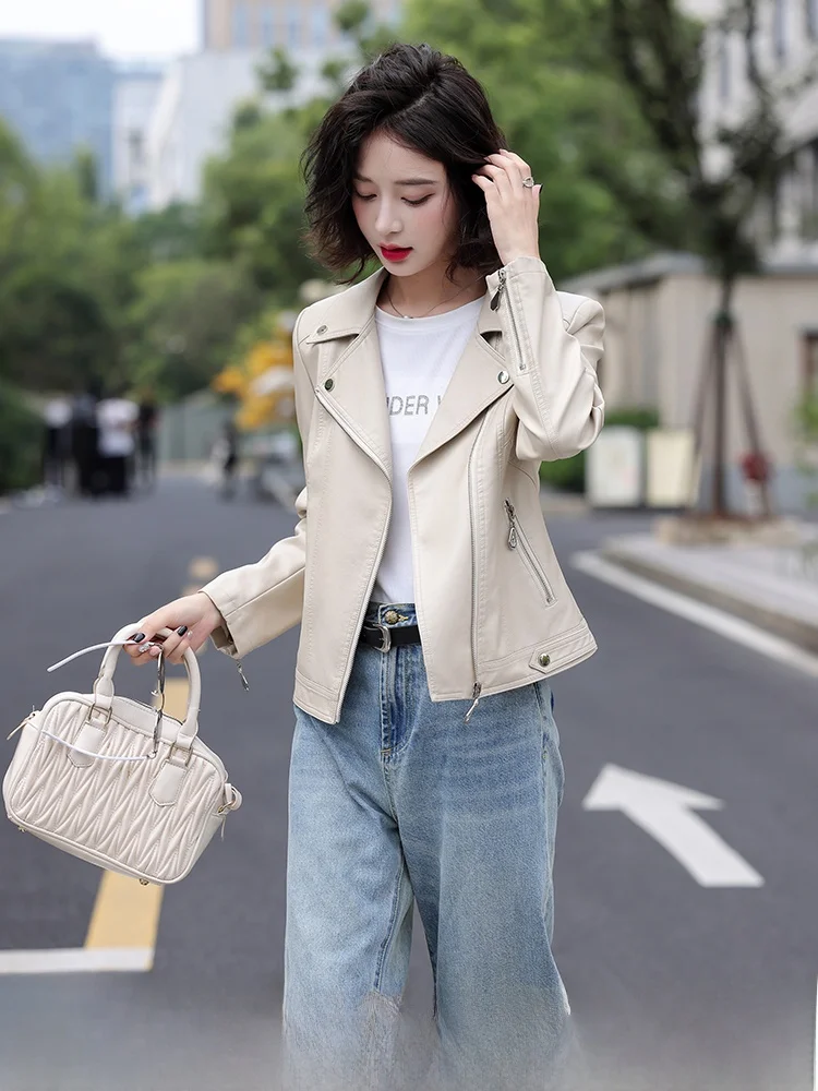 

Женская кожаная куртка Ning из натуральной овчины, короткая, весенне-осенняя, новая корейская версия, приталенная, в байкерском стиле