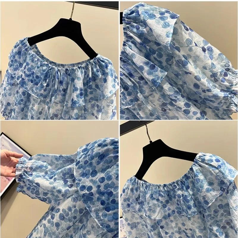 2024 Summer Women\'s New Pullover One Shoulder Fashion Splicing Folds Floral Ruffle Edge Short Sleeves Covering Belly Chiffon Top