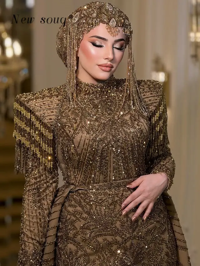 فساتين سهرة أنيقة بنية مكونة من قطعتين حورية البحر دبي رسمية إسلامية بأكمام طويلة للنساء رداء حفلات الزفاف مخصص 2025