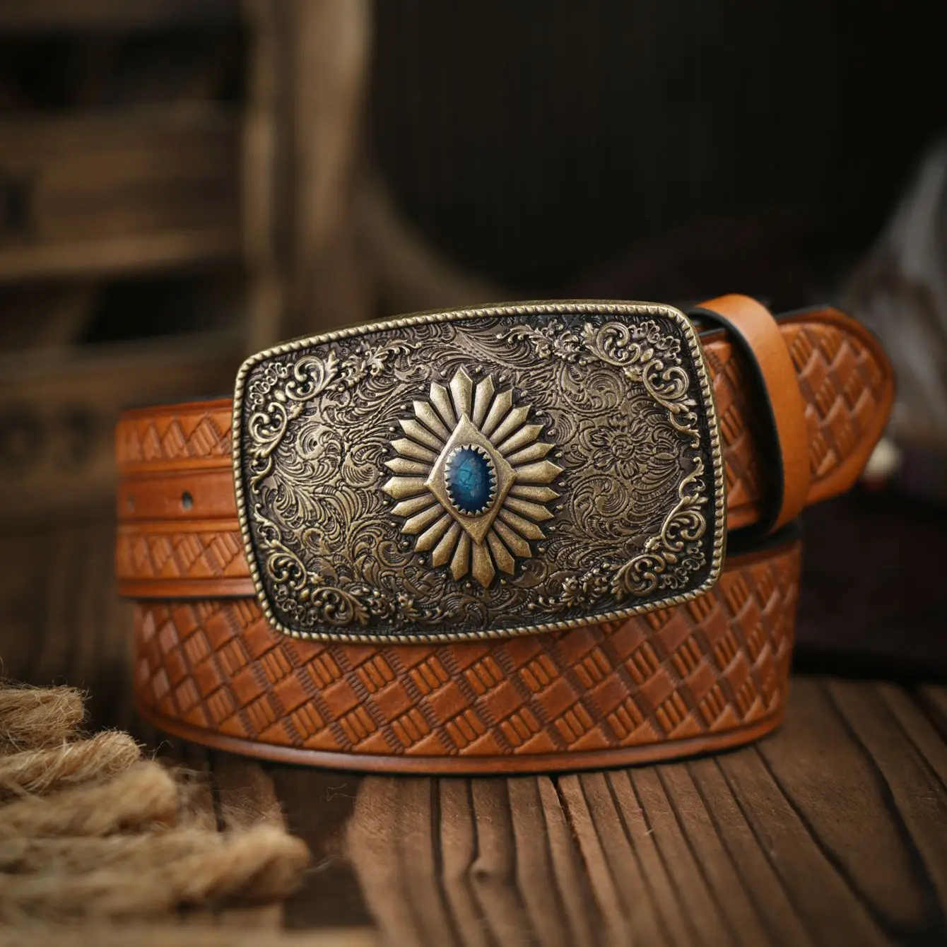 Western Cowboy PU Leather Belt - Men Waist Strap Bull Decoration Floral Engraved for Jeans