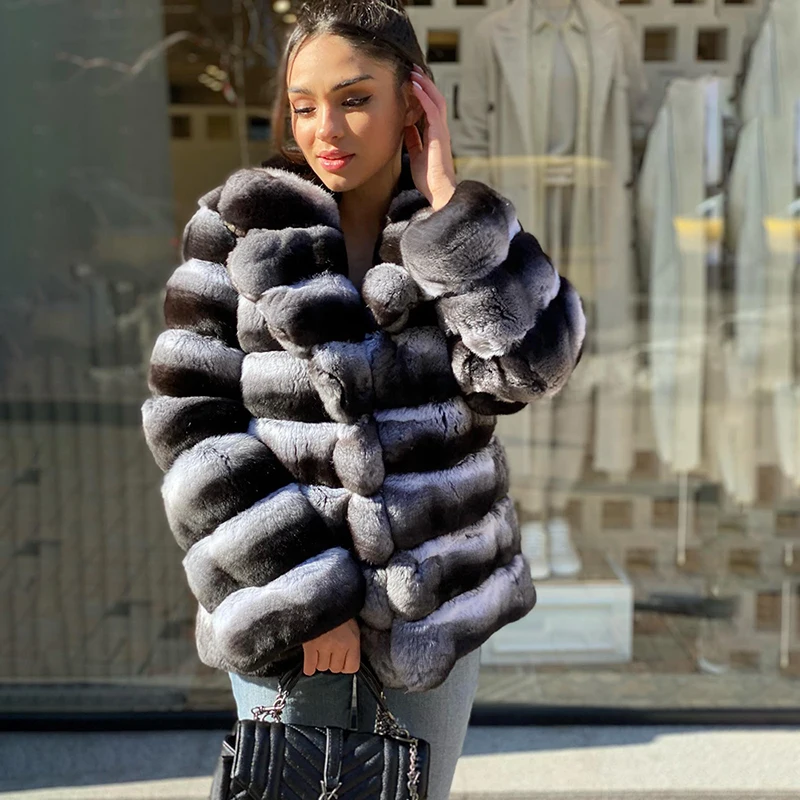 Lapel Thicken Natural Chinchilla Fur Coat Women Fashion Casual Outertwear Strip Sewed Cozy Real Rex Rabbit Fur Jacket Female