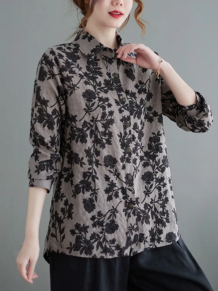 Women Long Sleeve Casual Shirts New 2022 Spring Vintage Style Floral Print All-match Loose Female Cotton Tops Shirt B1697