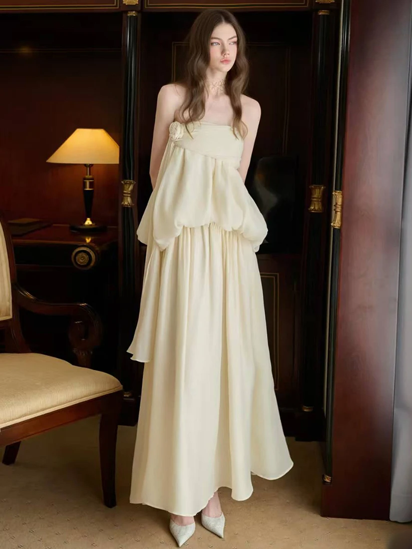 Robe longue française élégante pour femme, en polyester, sans manches, décorée de fleurs romantiques à la lumière de la lune, style princesse