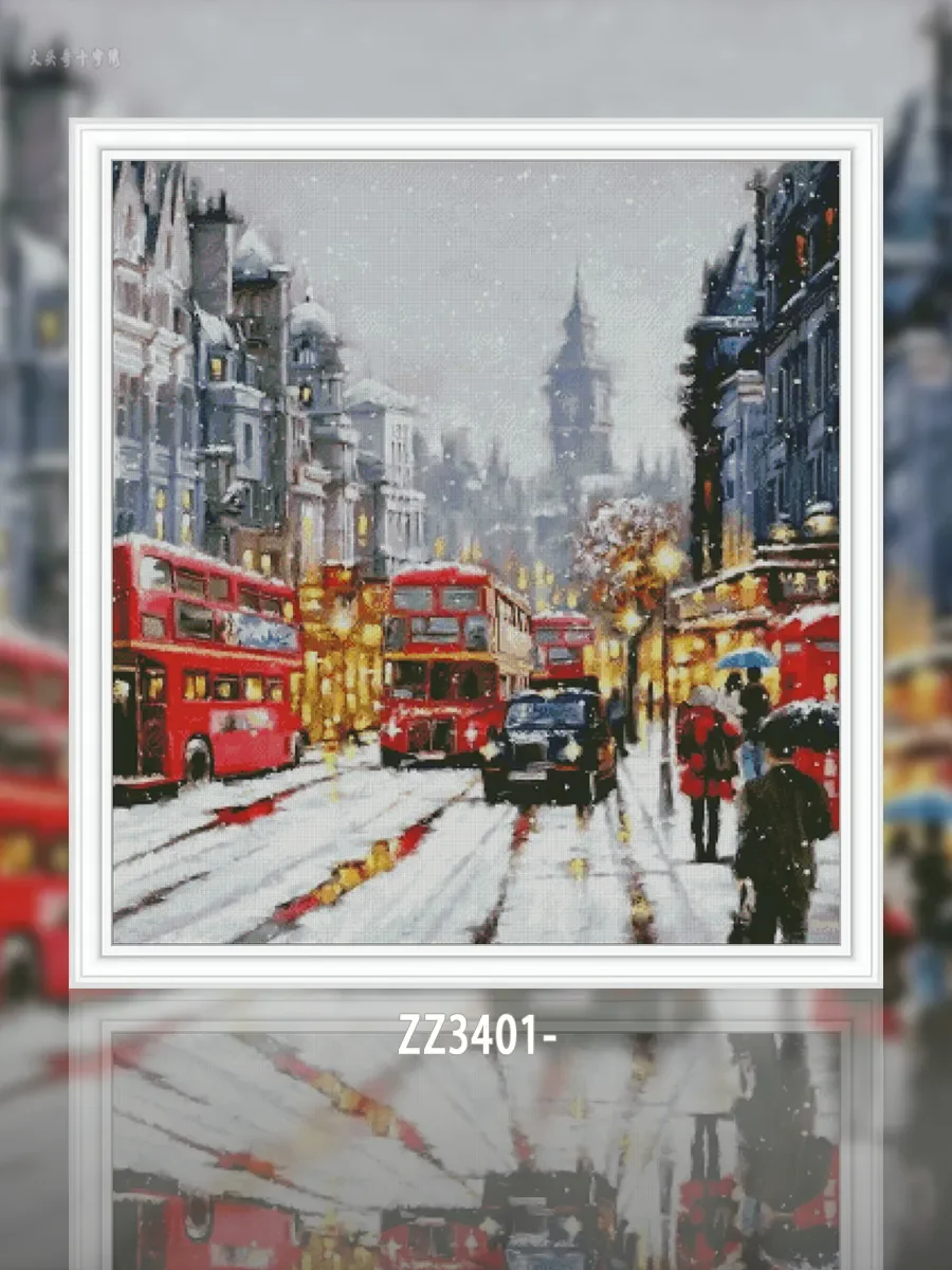 [ZZ3401-London Street] DIY Stamped Cross Stitch Kit 14CT 16CT, Printed Fabric for Hand Stitching, Embroidery Craft