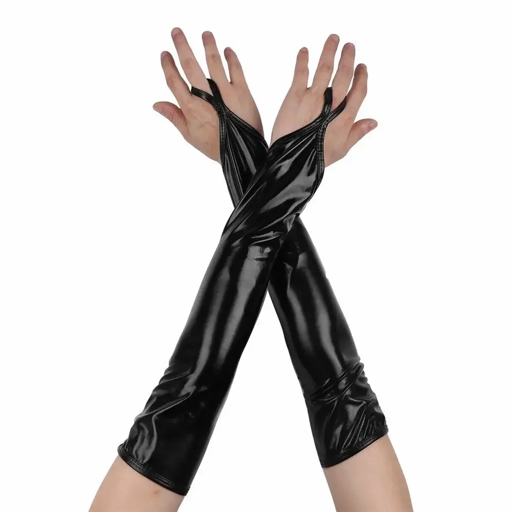 Women Fashion Shinny Leather Long Gloves Big Sleeve Lantern Sleeve Emulation Female Bright Bright Solid Color Performance Gloves