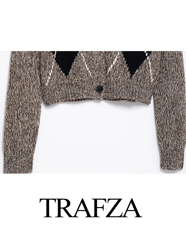 TRAFZA المرأة أنيقة براون طويلة الأكمام الحياكة القمم الخامس الرقبة واحدة الصدر بالأزرار المرأة ربيع جديد موضة البلوزات معاطف