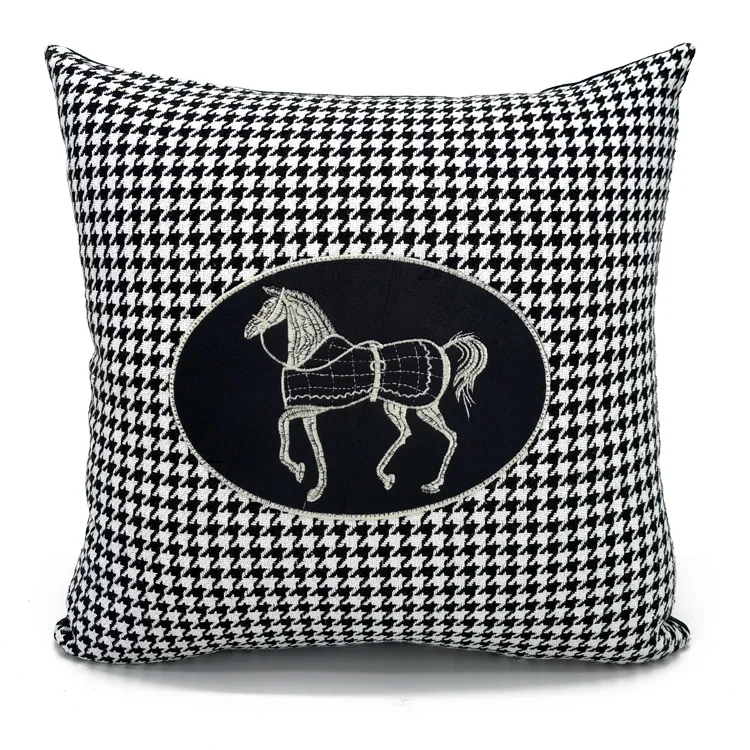 Light luxury black white houndstooth embroidery horse pillow cover sofa cushion cover pillowcase backrest