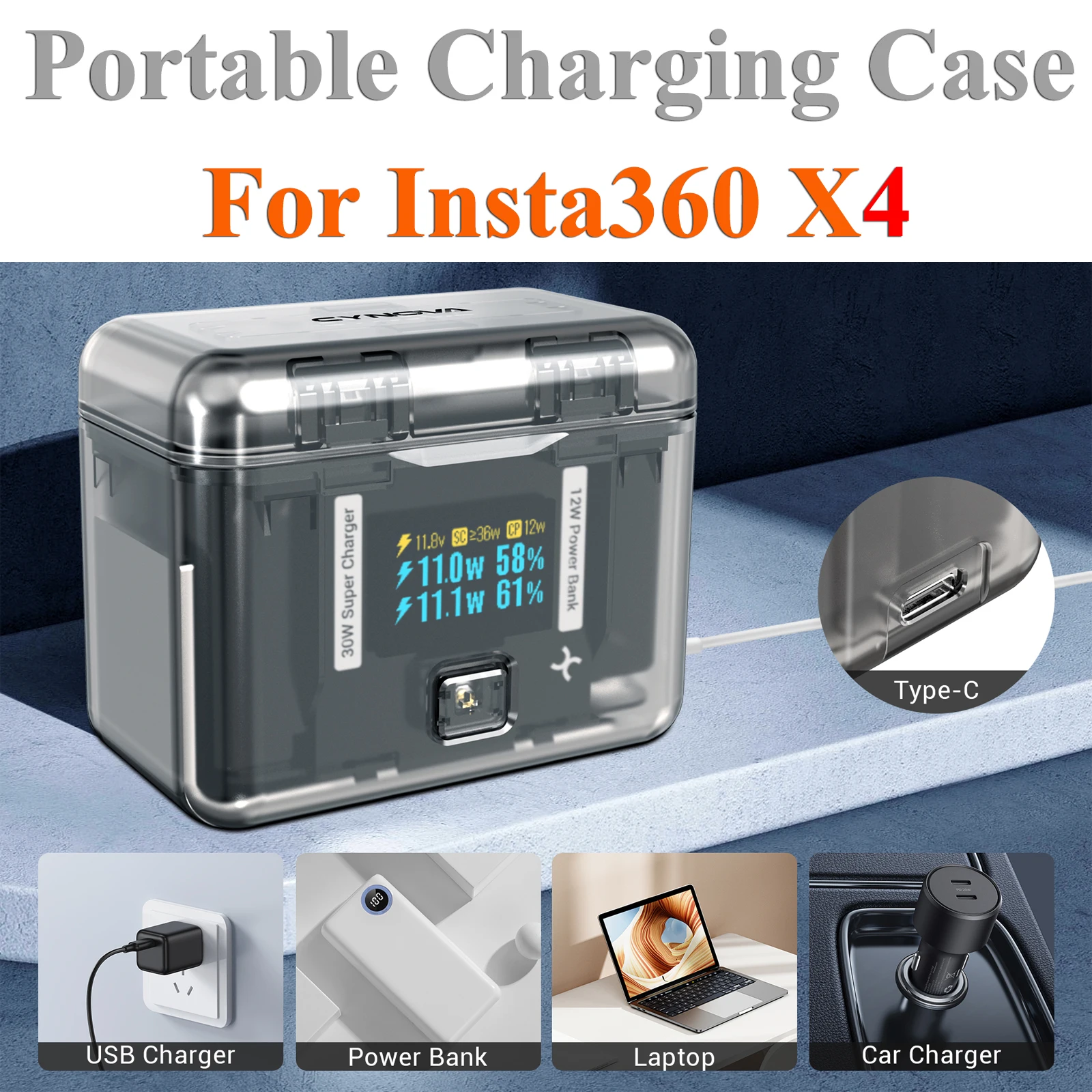 CYNOVA For Insta360 X4 Battery Charger Portable Charging Case & Memory Card Storage Box Two-Way Charging Hub TypeC Accessories