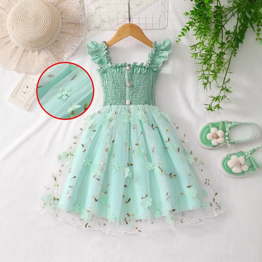 Smocked Spaghetti Strap Dress for Girls Mesh Splicing Flared Dress for Small & Medium Kids for 4-7Y