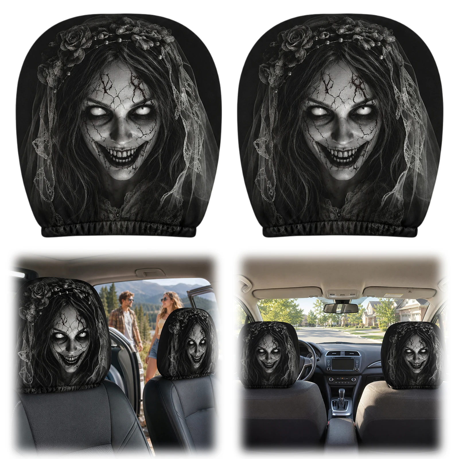 Car Headrest Cover 2PCS Ghost Face Print Elastic Stretch Universal Fit Pillow Sleeve