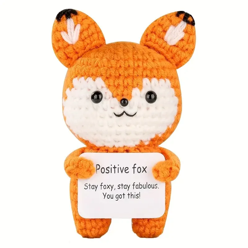 Handmade Crochet Positive Fox Figurine with Inspirational Message Card Cute Orange and White Knit Fox for Home Emotional Support
