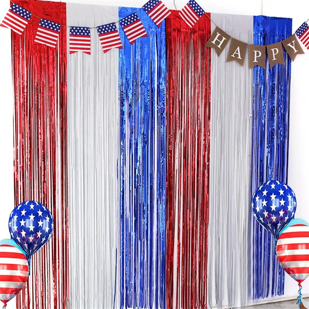 Curtain Backdrop Eye-catching PET Independence Day Shiny Red White Blue Tassel Curtain Backdrop Door Wall Decorations for Home