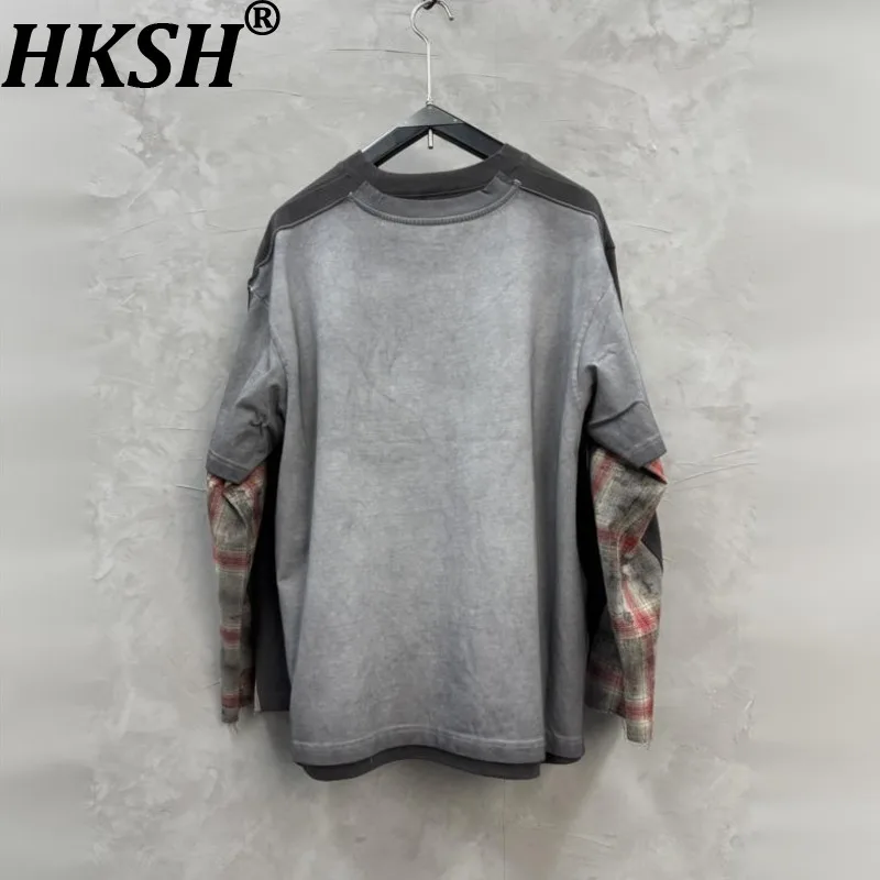 HKSH Spring Autumn New Men Tide Chic Ins Punk Distressed Color Contrast Long-Sleeved T-shirt Vintage Trendy Fashion Tees HK28098