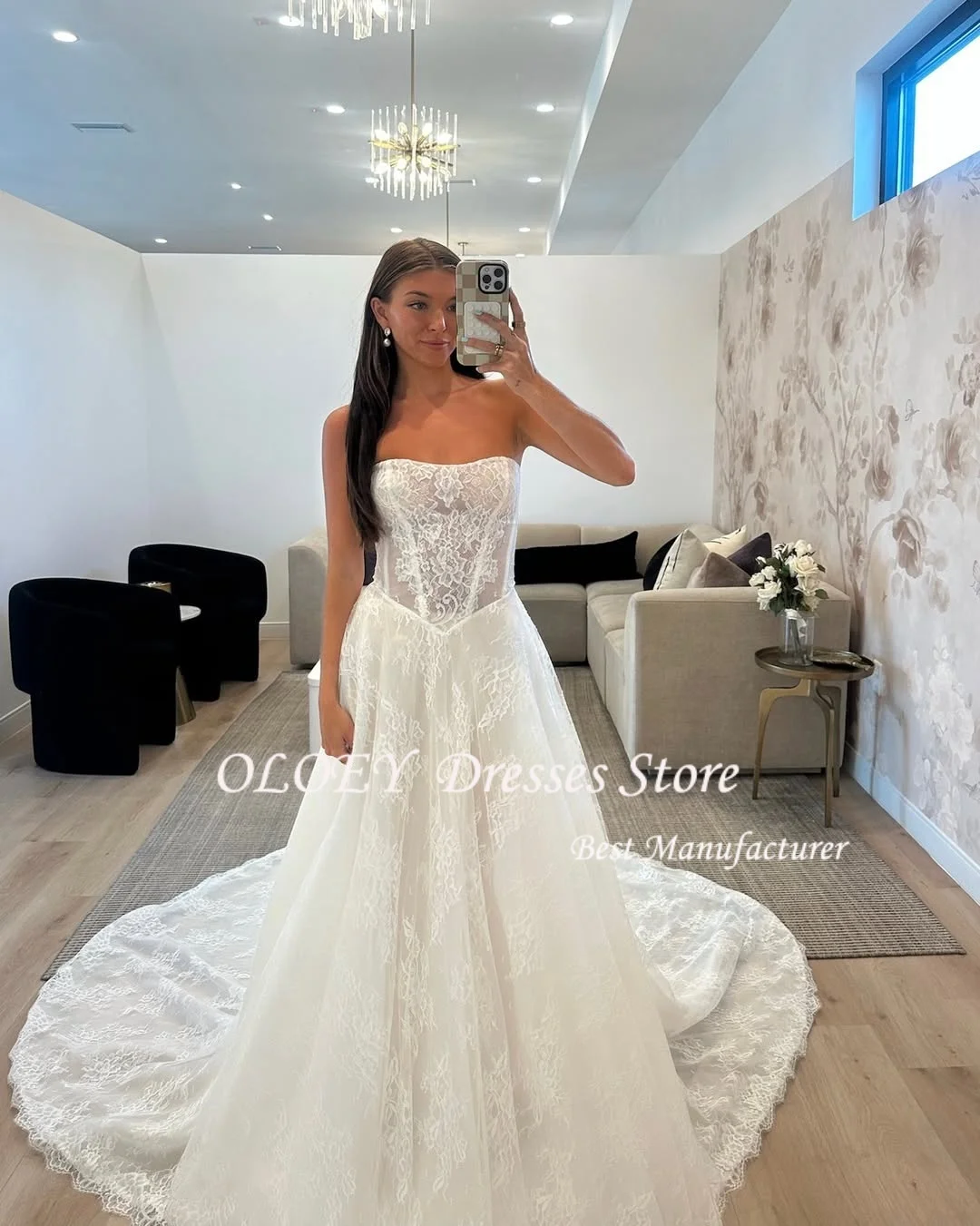 فستان زفاف OLOEY دانتيل عاجي بدون أكمام على شكل حرف a من فيستدوس دي نوفيا فساتين سهرة مخصصة بطول الأرض #2