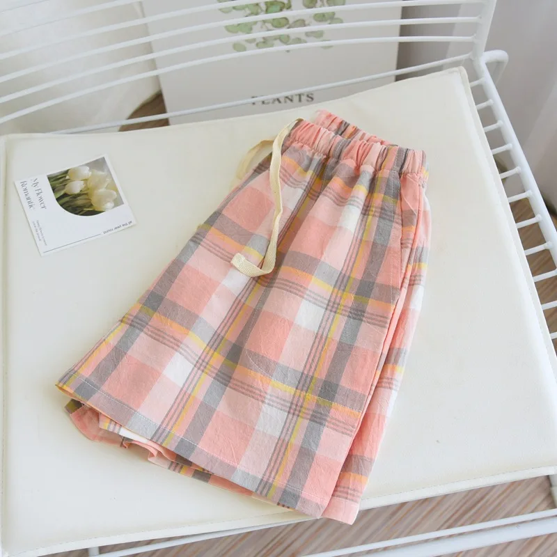 Summer Thin Washed Cotton Women's Shorts Casual Plaid Loose Home Pants Elastic Waist Pocket Sleep Bottoms Lounge Wear