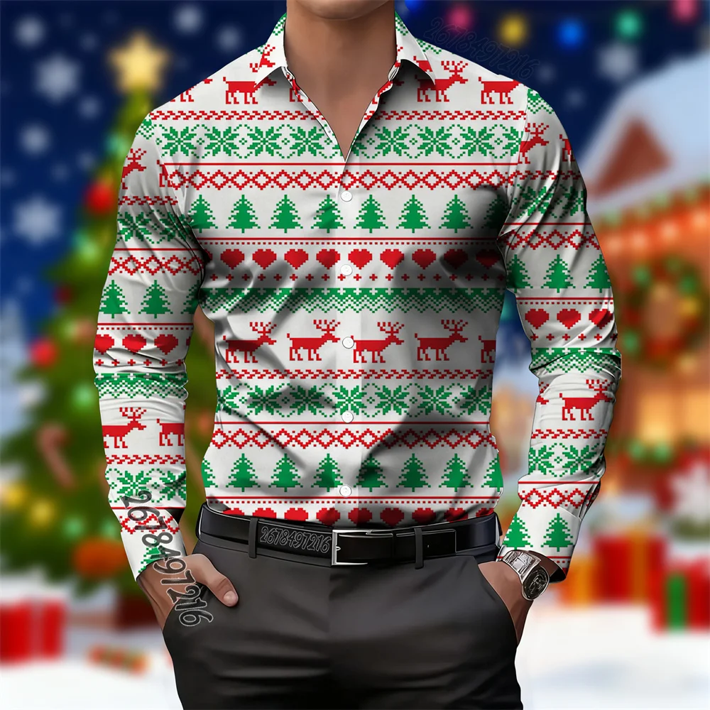 

Мужская рубашка с длинными рукавами и жаккардовым узором на рождественскую тематику, с рисунком оленя и сердца, новогодняя праздничная повседневная рубашка с воротником
