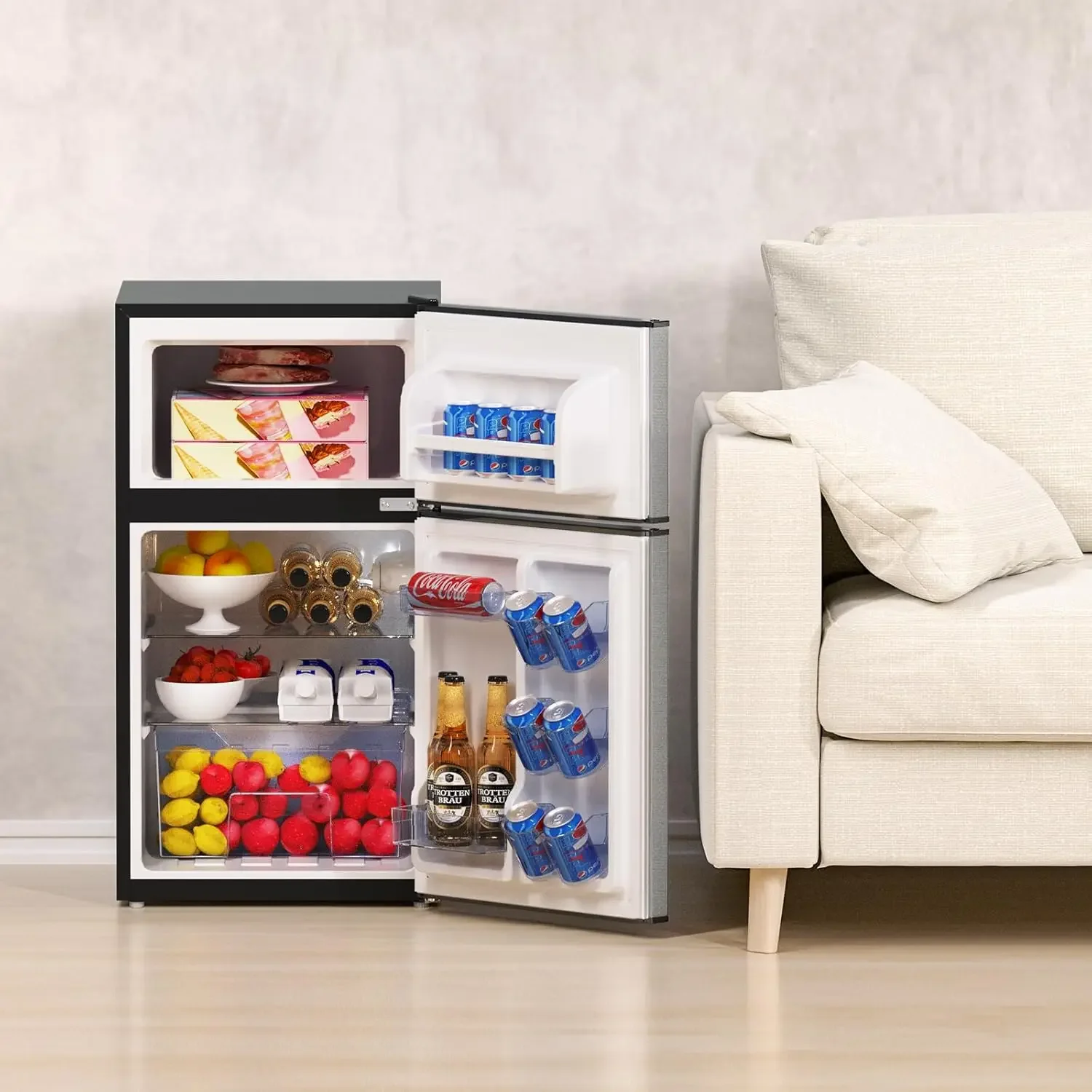 3,2 Cu.Ft. Мини-холодильник с морозильной камерой, 2-дверный холодильник и морозильная камера, небольшой холодильник для спальни, домашнего офиса, общежития, небольшой охл для напитков