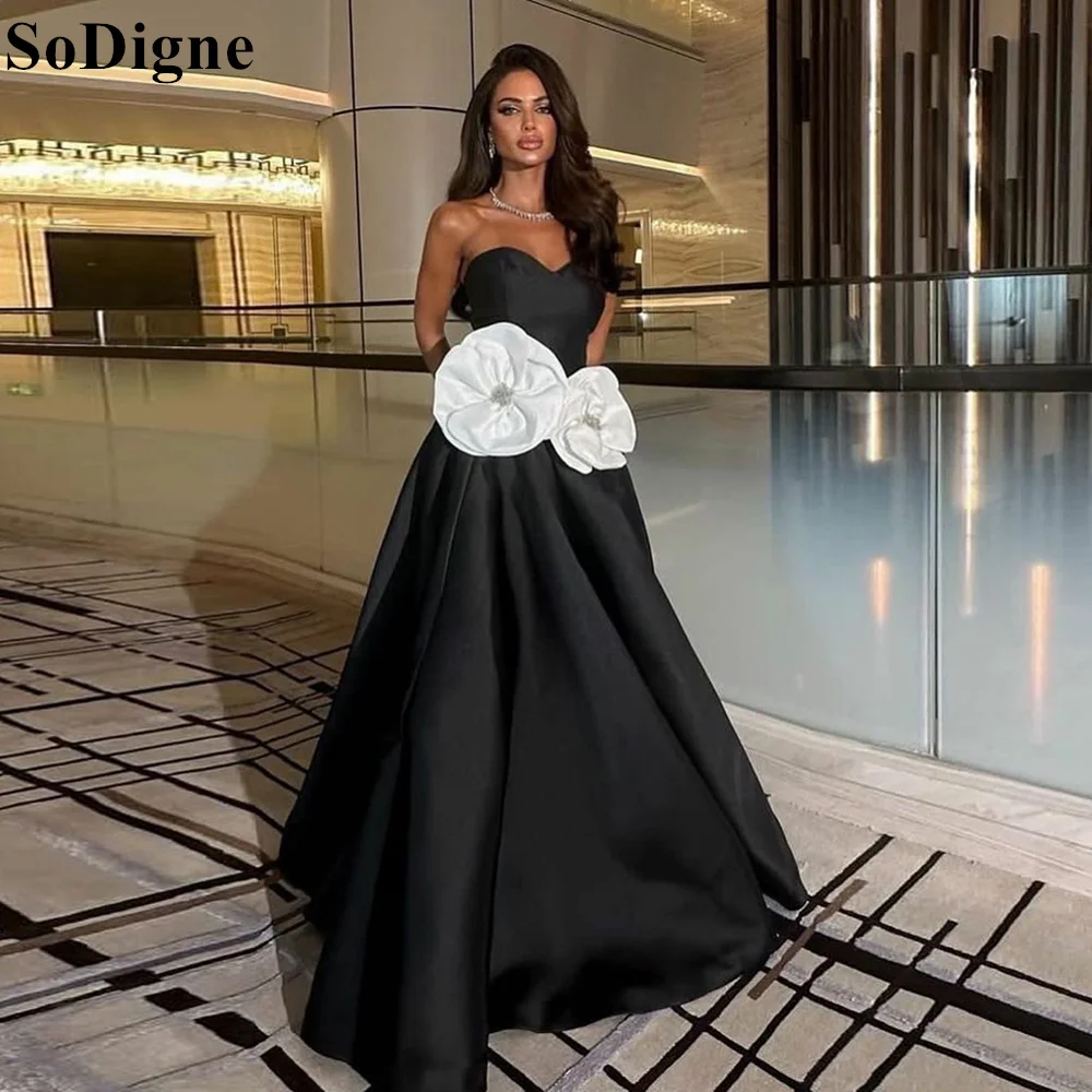 

SoDigne Elegant Black Strapless Satin Evening Dresses 3D Flowers A-Line Formal Prom Gown for Women 2024 Vestidos De Fiesta