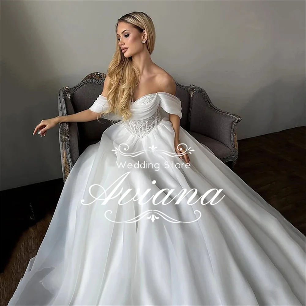 Customized Aviana Off Shoulder Ruffled Ball Gown Wedding Dress Corset Back Lace Up Long Train Bridal Gown Elegant Handmade Lace