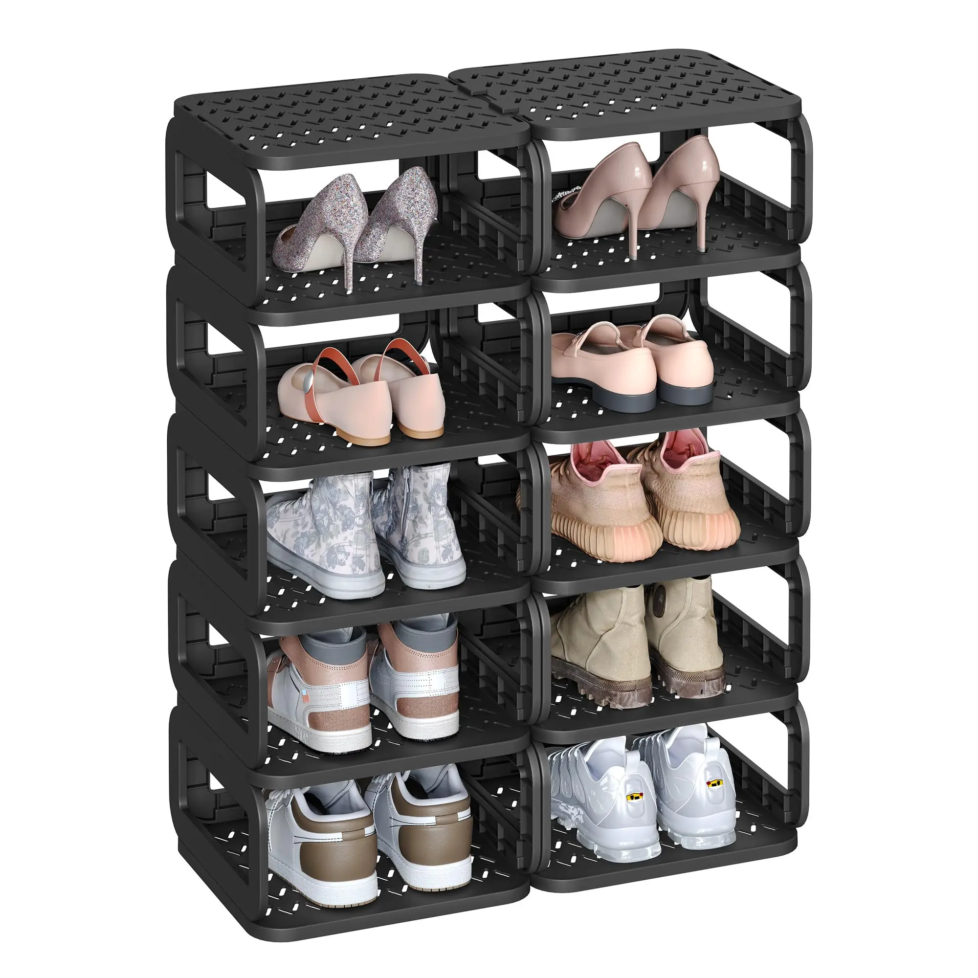 

12-Tier Stackable Shoe Organizer Rack, Space Saving Open Shelf For Entryway, Living Room, Bathroom, Cappuccino Beige