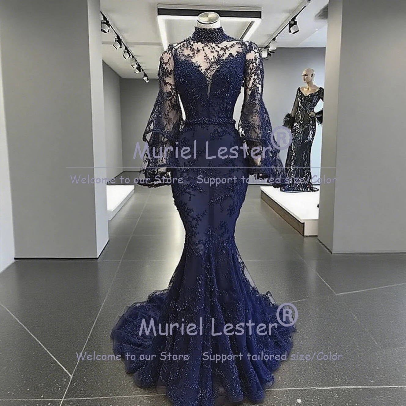 

Unique Design High Neck Lace Prom Dresses For Bride Puffy Long Sleeves Mermaid Evening