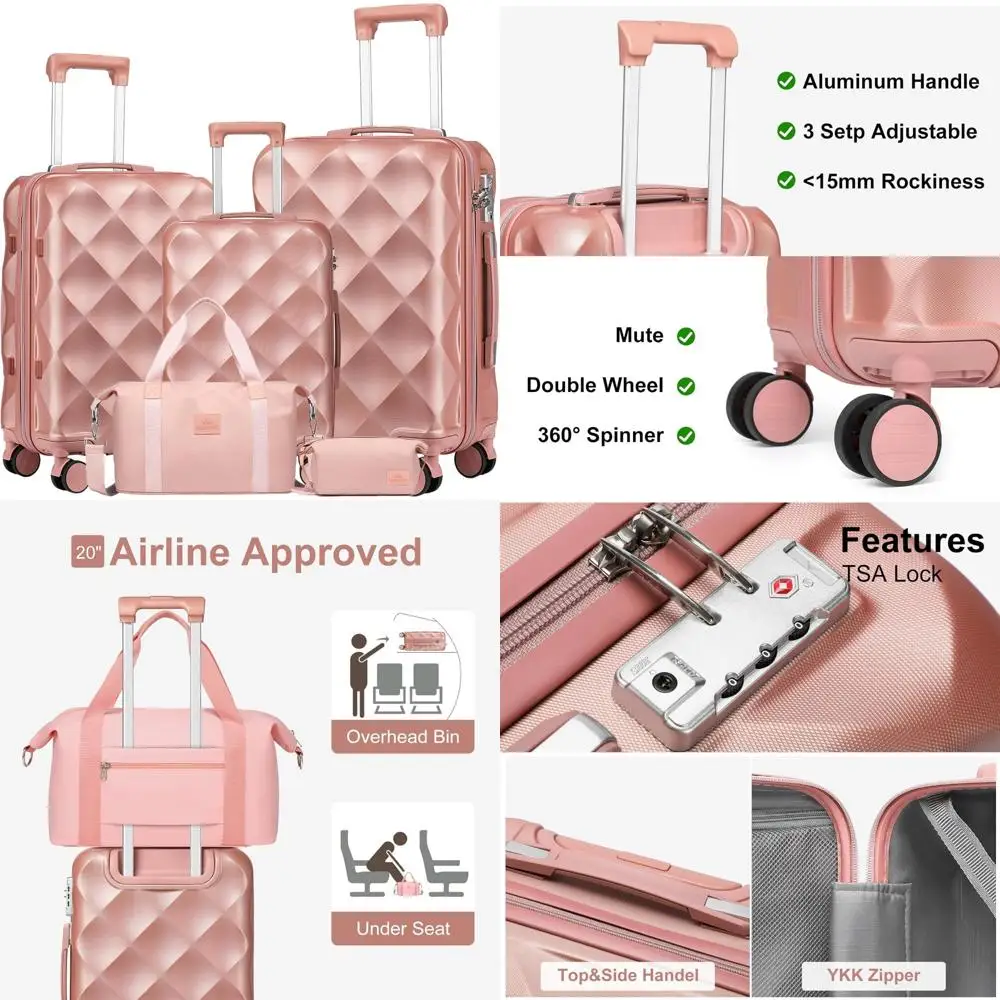 

3-piece carry-on luggage set with tsa lock, ykk zipper, abs hardside, spinner wheels, rose gold