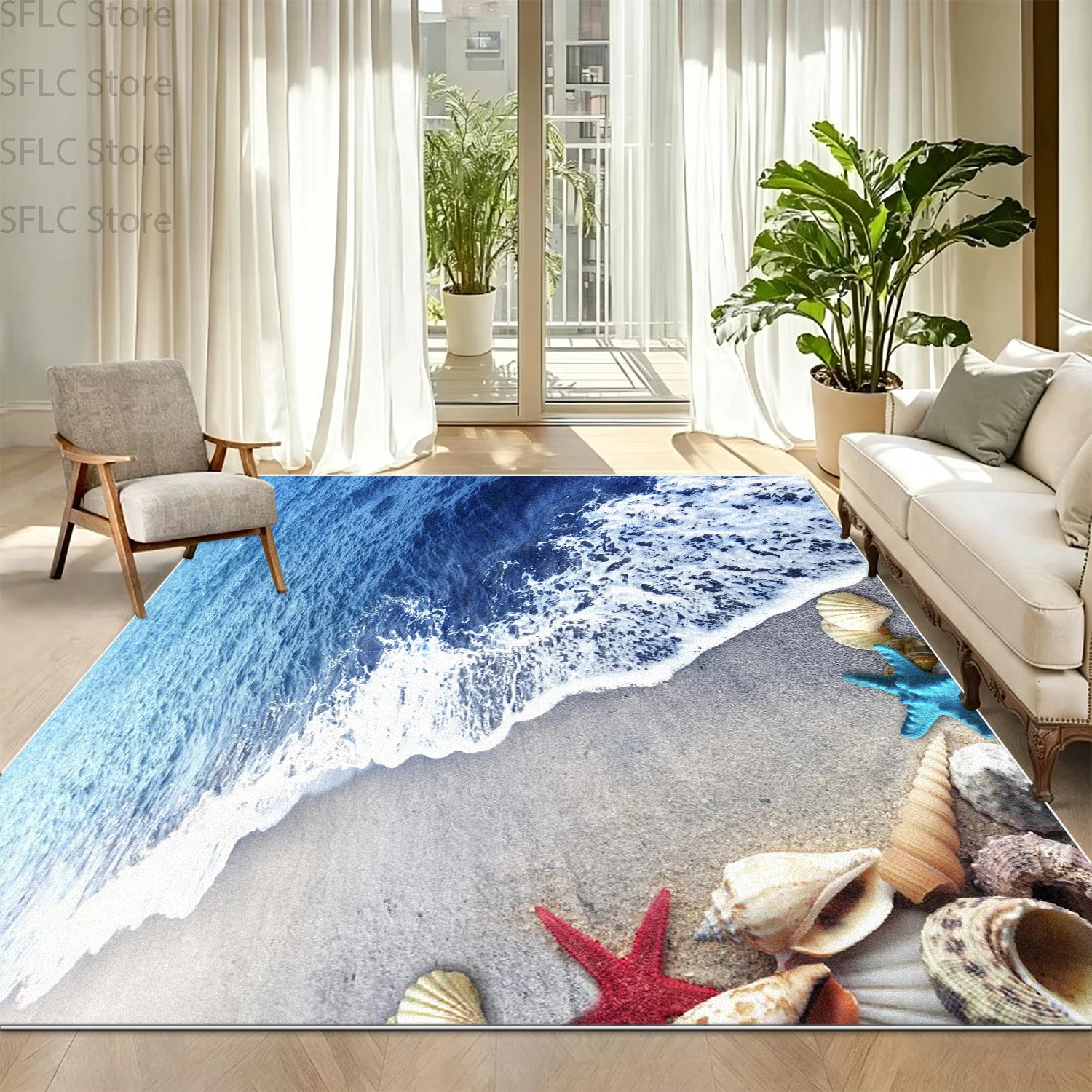 Summer Seaside 3D Pattern Living Room Mat Soft Washable Bedroom Anti Slip Carpet Short Velvet Easy Clean Study Decoration Rug