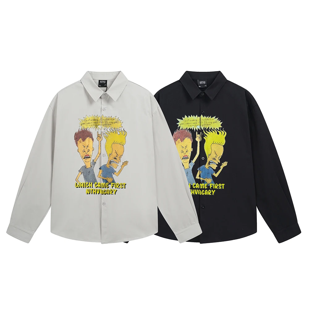 

Мужские рубашки с забавным мультяшным принтом Y2k, уличная дизайнерская одежда, топ с длинными рукавами, рубашка большого размера в стиле аниме, мужская одежда в корейском японском стиле