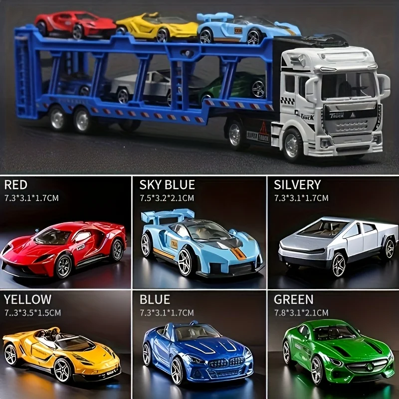 

An alloy double-layer transportation vehicle comes with 6 car sets, a large truck model, with braking function, shock-resistant