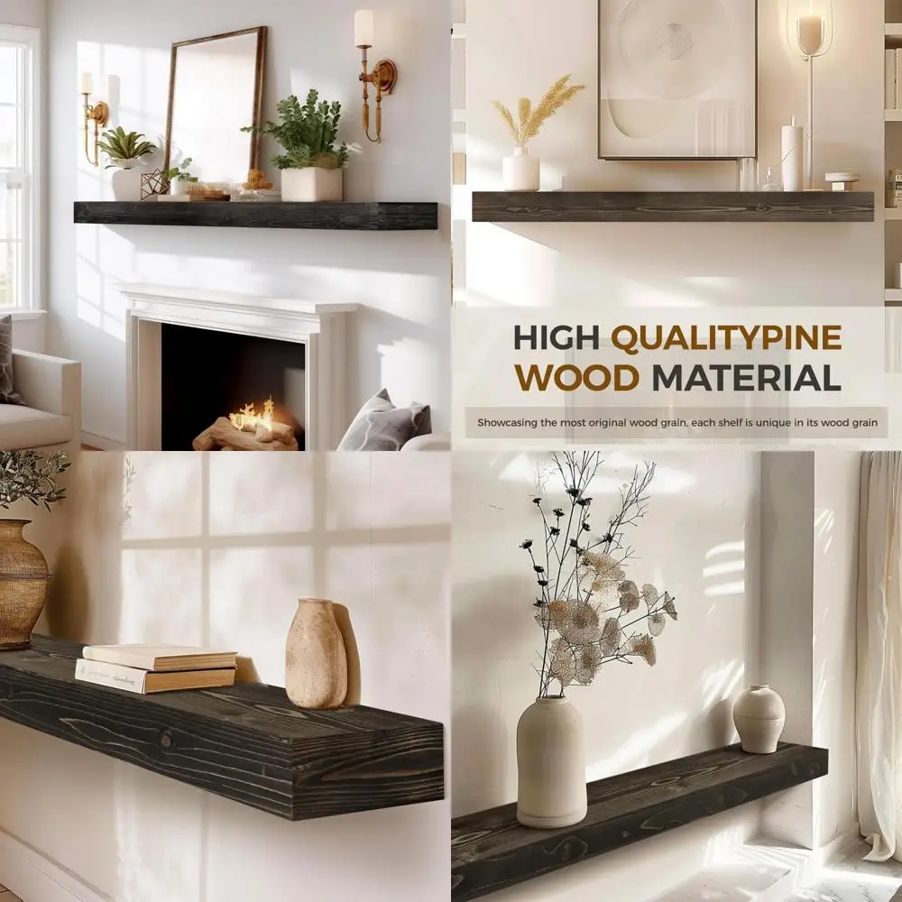 رف عائم خشبي ريفي مقاس 60 بوصة مع دعامات غير مرئية - ديكور حائط سميك لرف الموقد، أسود #1