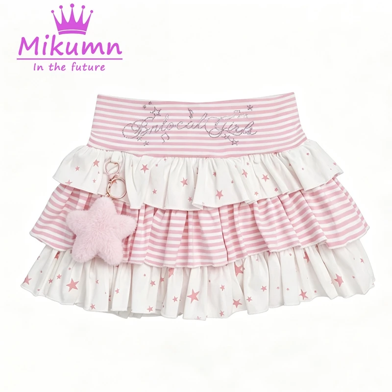 Mikumn Japanischer Lolita-Minirock für Damen, Gothic-Stil mit Sternen und Streifen, Patchwork-Tüllrock, Y2k Punk Mädchen Kawaii Röcke Streetwear