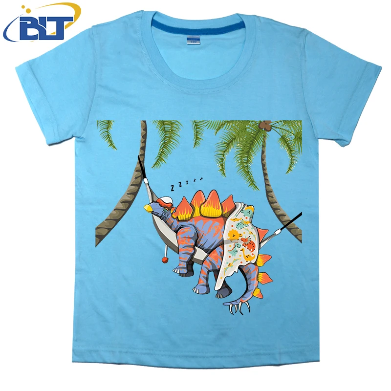 Kaos anak motif tidur Stegosaurus dinosaurus lucu atasan kasual lengan pendek katun musim panas cocok untuk anak laki-laki dan perempuan