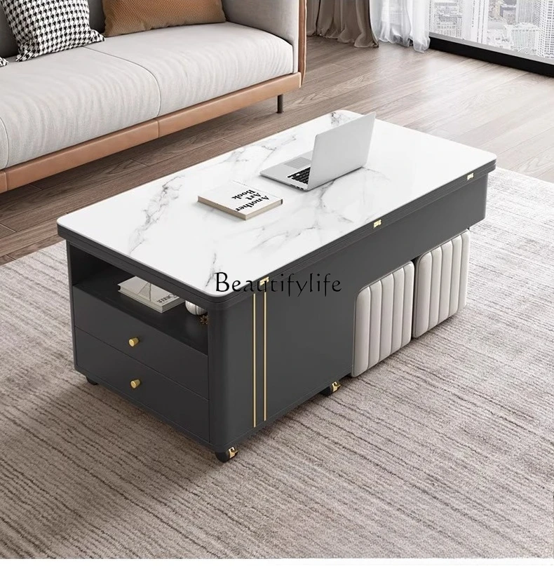 

Multifunctional coffee table dining table dual-purpose rock slab storage simple folding tea table