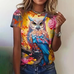 2024 Women's T Shirts Summer Fashion Short Sleeve Top 3d Owl Print Oversized Female Clothing Ladies Holiday Tee