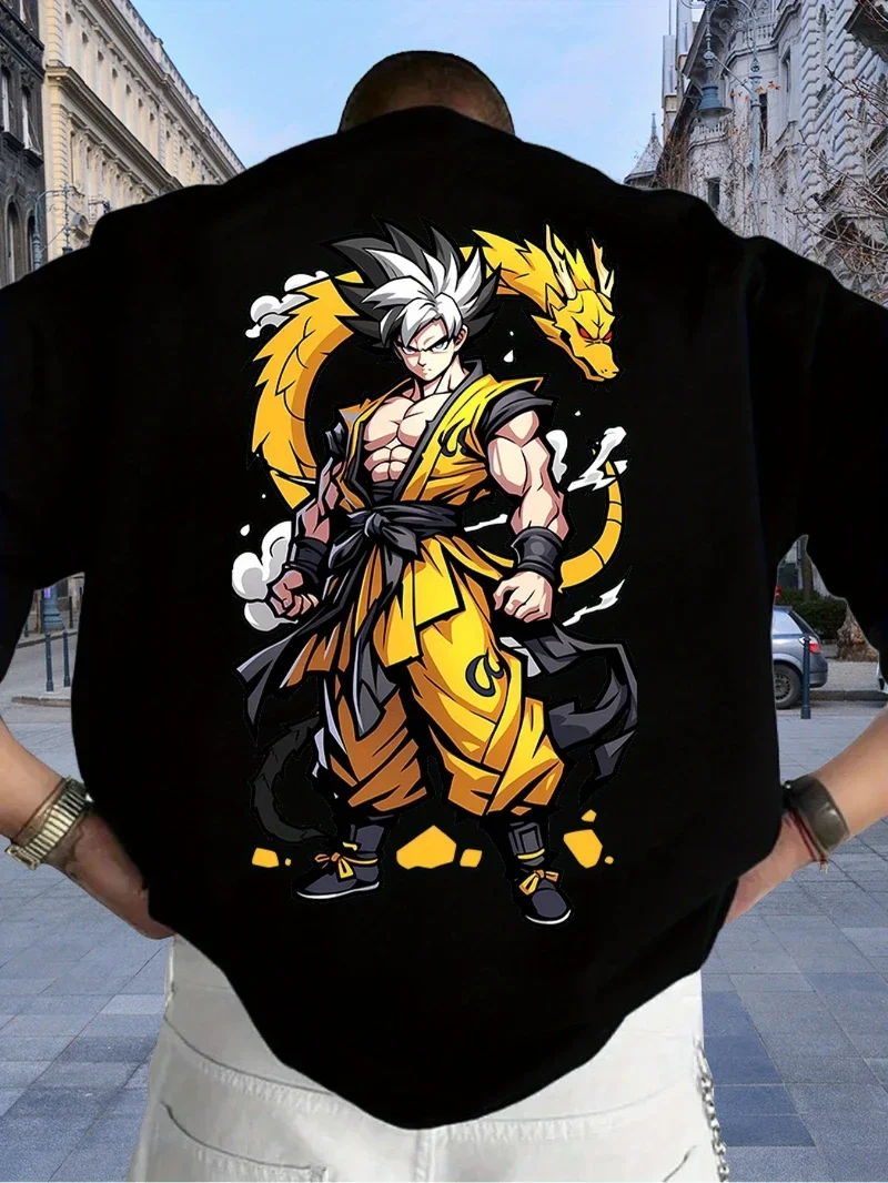 Dragon Ball Goku-Camiseta holgada de algodón puro para hombre, diseño de ilustración de línea gruesa, regalo de seguidor de tamaño completo, Y2K, Harajuku