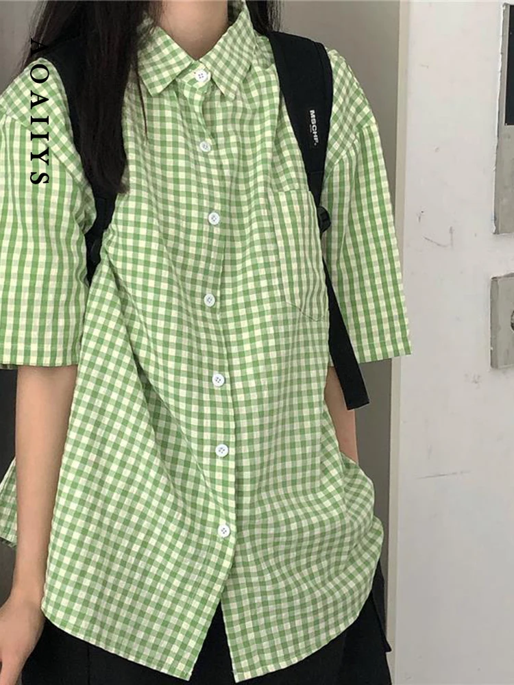 Aoaiiys Vintage Shirt Women Green Plaid Casual Tops Japanese Kawaii Fashion Shirts Summer New Harajuku Y2K Short Sleeve Blouse