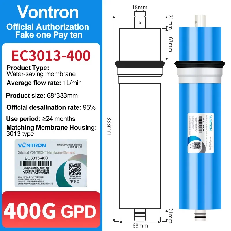 Vontron 400 GPD membrana RO 3013-400 GPD, do systemu urządzenie oczyszczające wodę poprzez odwróconą osmozę napoje w domu pod zlewem dla gospodarstw