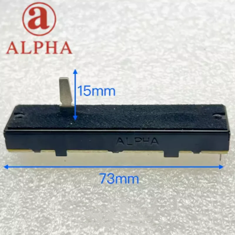 1pcs/lot Taiwan ALPHA 73mm straight slide potentiometer B10KX2 tuning table special pointed shaft length of 15mm inner foot