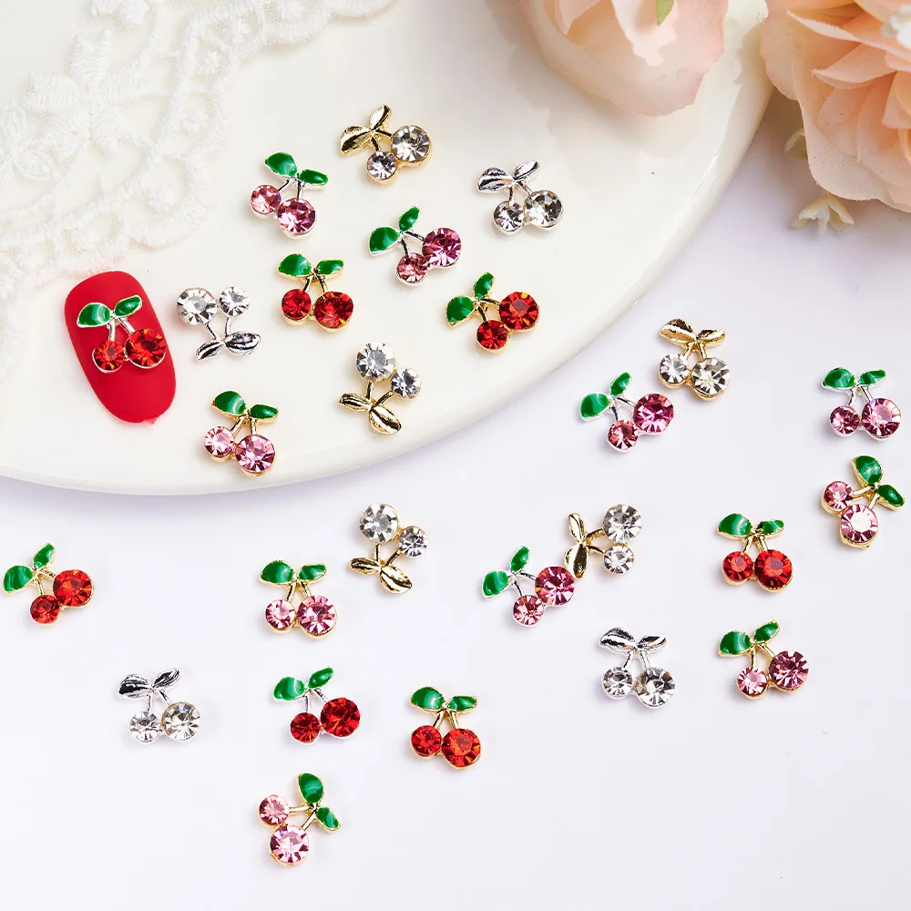 20pcs 3D Cherry Fruit Nail Charms Gold Silver Alloy Butterfly Wings Rhinestone For DIY Nail Art Decoration Kawaii Mini Charms