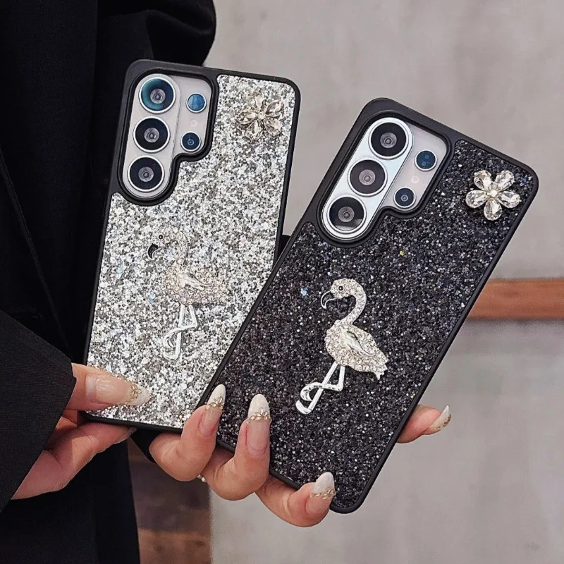 Diamond Flamingo Flower Glitter Phone Case for Samsung Galaxy S26 Ultra S25 S24 S23 Plus TPU Shockproof Shiny Fashion Back Cover