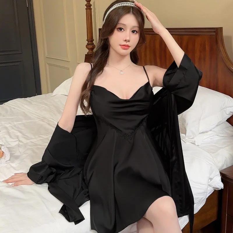 Suspender Nightdress Women Summer Elegant Loungewear with Chest Pad Swing Collar Nightgowns Ladies Sexy Design Nightdress Female