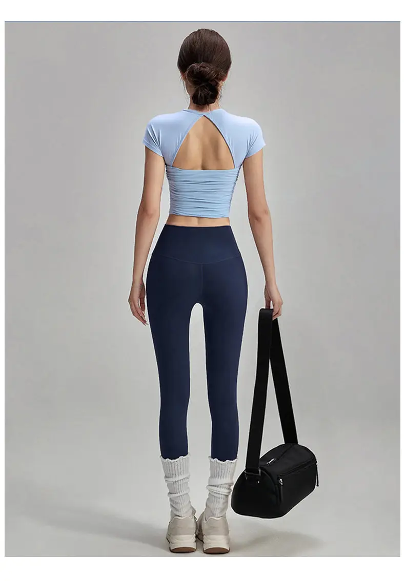Sportliches Damen-Kurzarm-Top mit Mesh-Einsätzen, Figurbetontes Fitness-Top, Professionelle Pilates-Trainings- und Yoga-Bekleidung – Detail 6