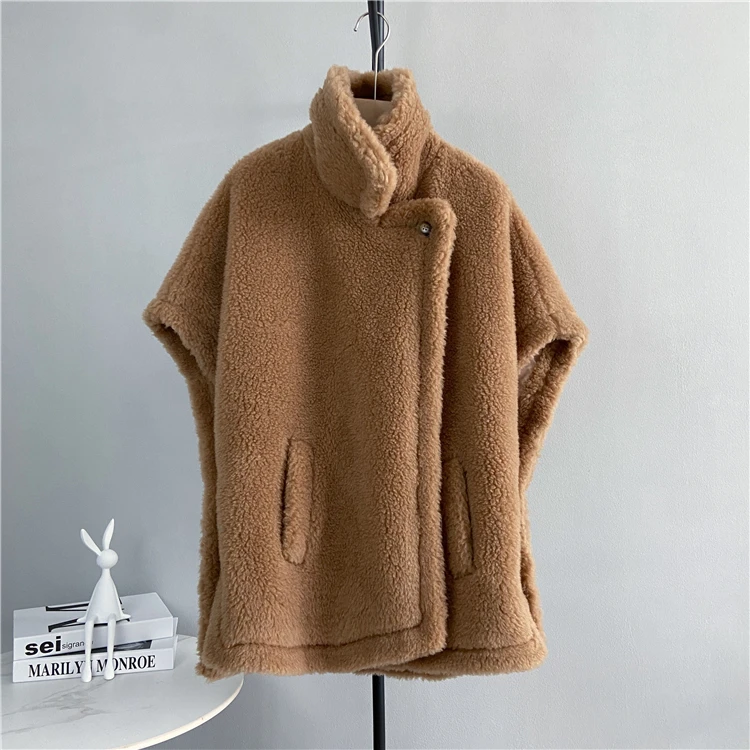 

RosEvans Woman Solid Thick Camel Lamb Wool Coat Lapel Neck Sleeveless Mulberry Teddy Cloak Jacket Fur Fashion Autumn Winter New