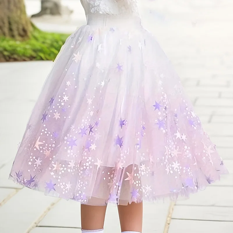 Girls Dream Purple Star Gradient Skirt 2024 Summer Elegant Long Skirt Teen Girls Children Fluffy Princess Skirt