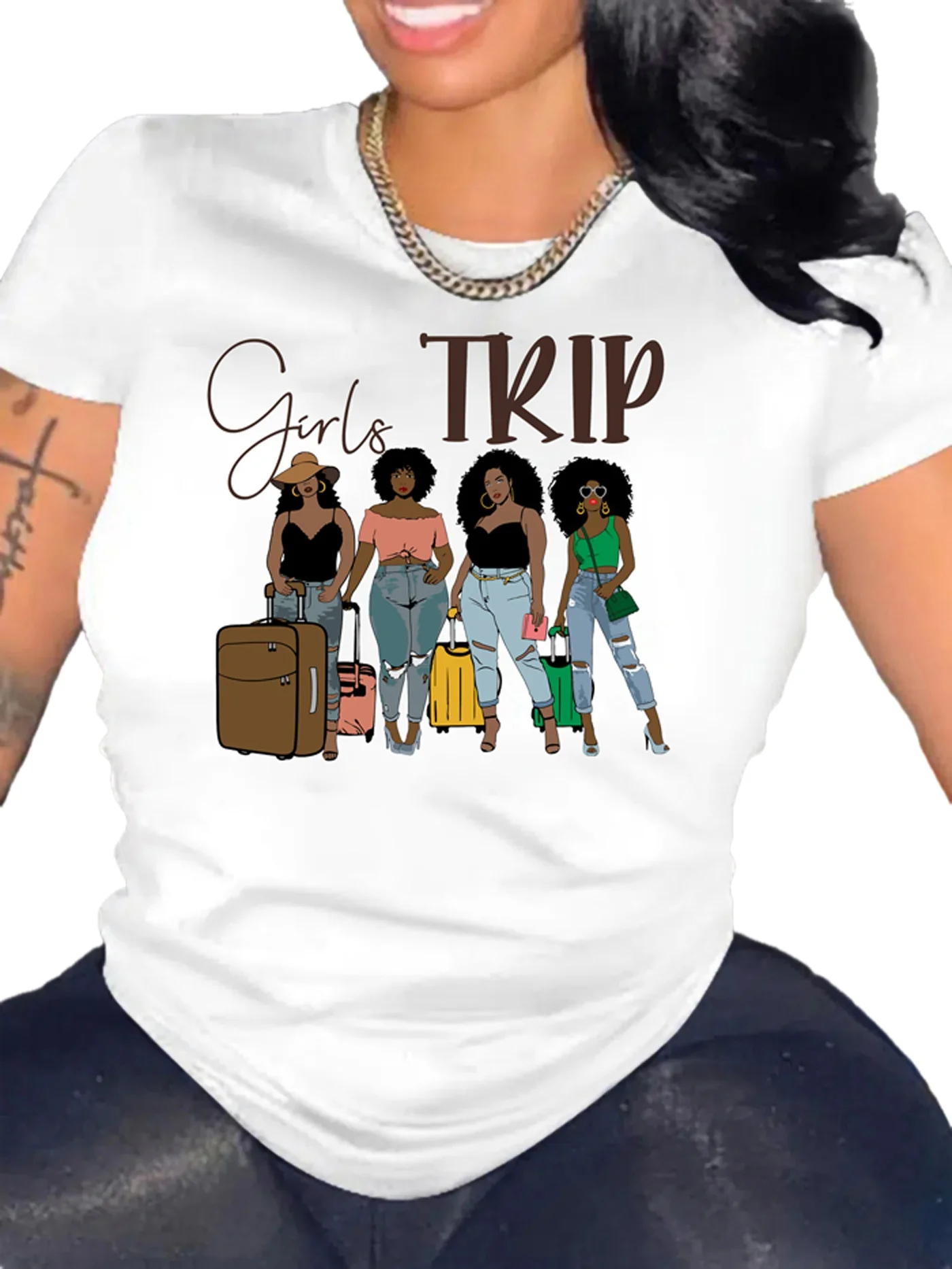 

Girl Trip Print Crew Neck T-shirt, Casual Short Sleeve T-shirt For Summer, Women's Clothing