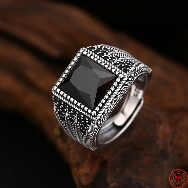 S925 Sterling Silver Charms Rings for Men Women Retro Ear of Wheat Pattern Inlaid Black Zircon Fashion  Jewelry Wholesale ﻿