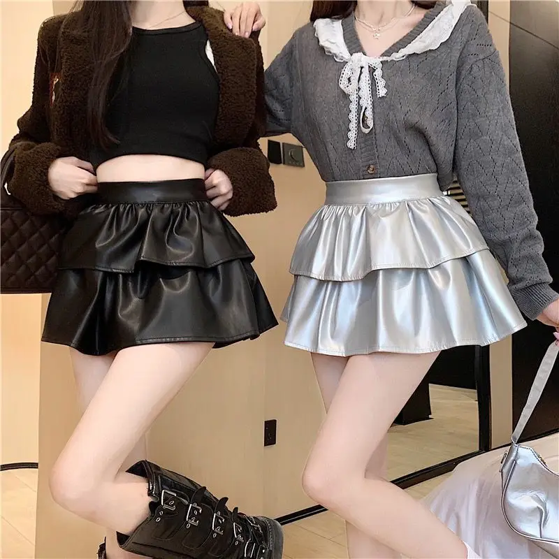 Spice Girl Black Pu Leather Skirts Women New High Waist Ruffle Edge Sexy Cake Tutu Skirt