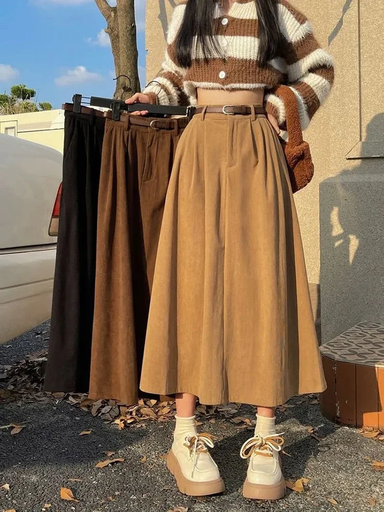 Vintage Corduroy with Belt Midi Skirts Women Y2K Autumn Winter High Waist Pleated Skirt Ladies Streetwear All Match A Line Skirt