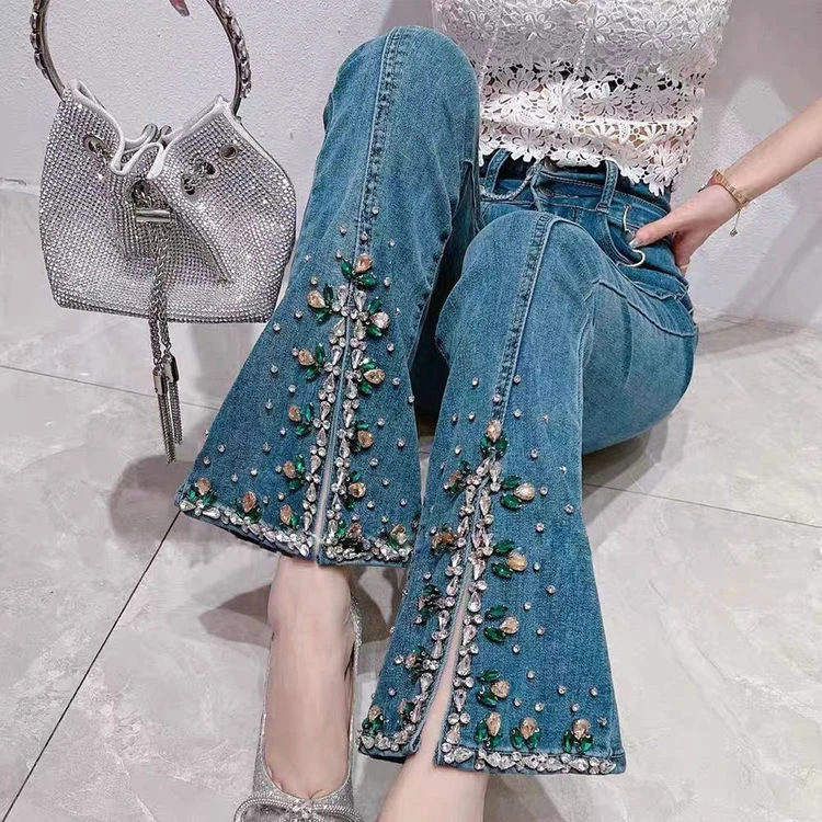 Jeans Damen modische Sommer neue koreanische Stil Schwerindustrie Farbe Strass hohe Taille abnehmen Schlitz Bootcut Hose Hose